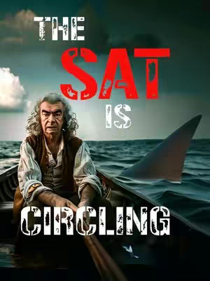 An artistic rendering of a man in a rowboat, with a shark fin slicing through the water behind him. Text overlays read 'THE SAT IS CIRCLING'. The scene suggests pressure and potential danger.