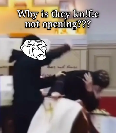 The cover image shows a scene from what appears to be a church, with a figure in a black robe swinging a knife toward another person. A 'troll face' meme is superimposed above, and additional text. The overall composition appears to be a meme meant for comedic effect.