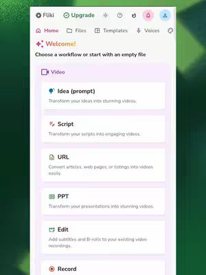 A screenshot from the Fliki website, showcasing its user interface with various content creation options on a mobile screen. The layout features a navigation bar at the top with options like 'Fliki', 'Upgrade', and other icons for settings. The main content area displays several options under the 'Video' section, including 'Idea (prompt)', 'Script', 'URL', 'PPT', 'Edit', and 'Record'. The background has a blurred, abstract design.