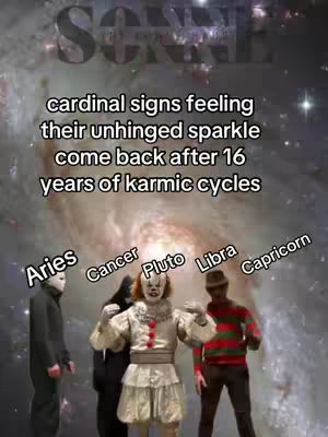 The image features a cosmic background with text overlayed. Several figures dressed as horror movie characters are in the foreground, with text labeling zodiac signs.