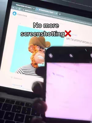 The cover image shows a laptop displaying an image of an ape with a hat and sunglasses and the text "No more screenshotting". In the foreground, a hand is holding a smartphone pointing at the laptop screen.