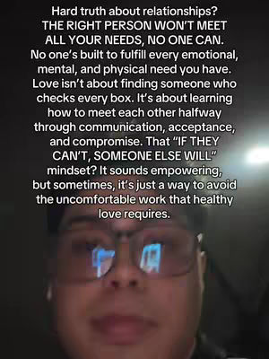 A selfie-style video featuring a man with a dark background and text overlay describing relationship advice.