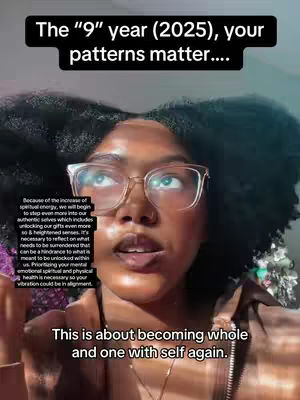 A close-up shot of a woman with curly hair and glasses, looking upwards. Above her is a black bar with white text. Below, at the bottom center, is the woman's chin and mouth, along with text. The background is softly lit.