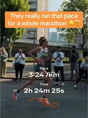 The image shows a woman running the London Marathon, captured mid-stride. Text overlays provide running metrics.