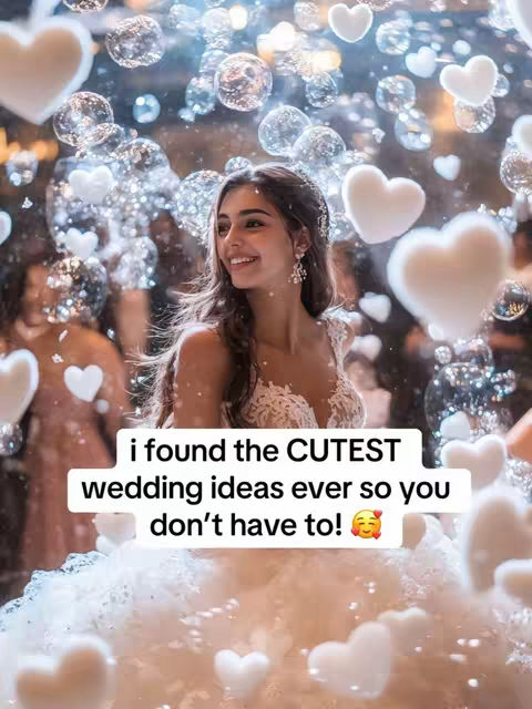 A young woman in a wedding gown smiles towards the camera, the scene is filled with sparkling bubbles and heart-shaped decorations. The background features soft lighting and indistinct figures, creating a dreamy, celebratory atmosphere.