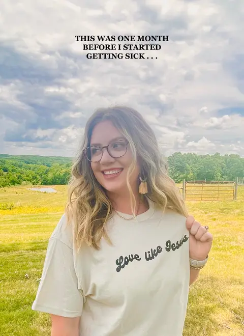 The cover image features a woman smiling with a scenic background. She wears glasses and a t-shirt that reads 'Love like Jesus'. The setting includes a field, trees, and a cloudy sky, suggesting an outdoor shot.