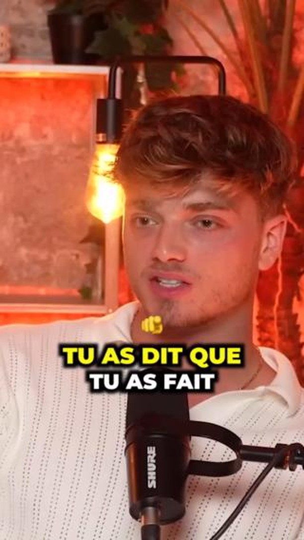 A medium shot features a young man in a well-lit setting. He appears to be talking, with a microphone in front of him. Text overlays are added.