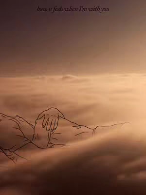 An animated image depicts a person lying down amidst dreamy clouds. The composition features a soft, warm color palette with a blend of orange, brown, and hints of purple. The figure, drawn in simple black lines, is supported by the clouds which are highly textured. A gentle text overlay is placed on top, with the text appearing delicate to match the mood. The image is evocative and serene.