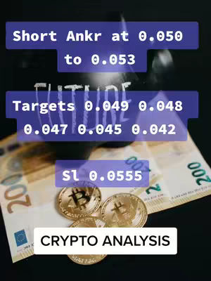 The image features a dark background with floating text boxes containing short-term cryptocurrency trading signals for ANKRUSDT. Information includes entry price ranges, profit targets, and stop-loss levels. Below, there are gold coins, resembling Bitcoin, placed on top of a collection of Euro banknotes. The layout is simple and informative, with a focus on financial data.