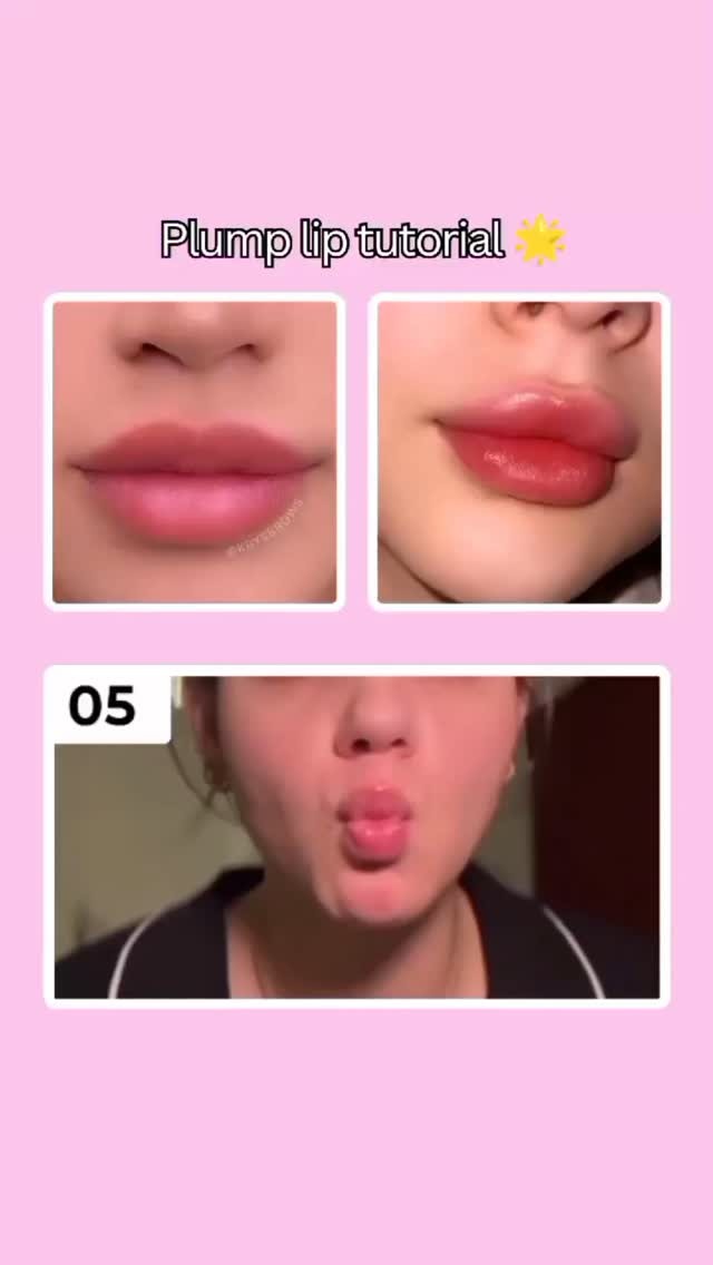 The cover image is composed of a pink background, with a text overlay that reads "Plump lip tutorial". There is a grid of three images. The top left image shows lips before the transformation. The top right image shows a result. The bottom image displays the person performing the exercise, with their lips pursed.