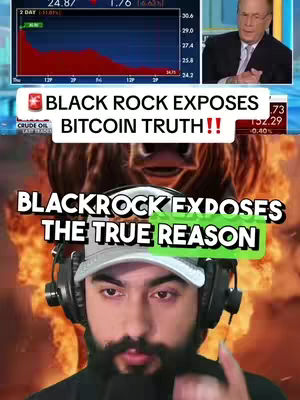 The cover image features a man in a gray cap and black shirt with a beard and headphones, superimposed over an image of a bull and flames. In the background are details of a stock chart and a news anchor. Text overlays with the title information such as " BLACK ROCK EXPOSES BITCOIN TRUTH !!" and "BLACKROCK EXPOSES THE TRUE REASON".