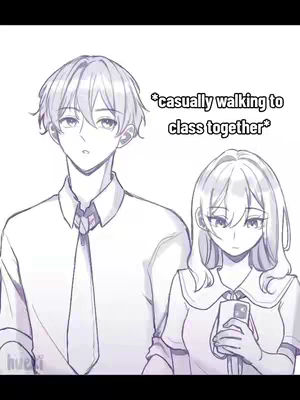A monochrome anime-style illustration depicting a young man and woman walking together. The man, on the left, has short hair and is wearing a button-down shirt and tie. The woman, on the right, has long hair, is holding a phone, and is wearing a similar outfit. The text overlay indicates they are 'casually walking to class together'.