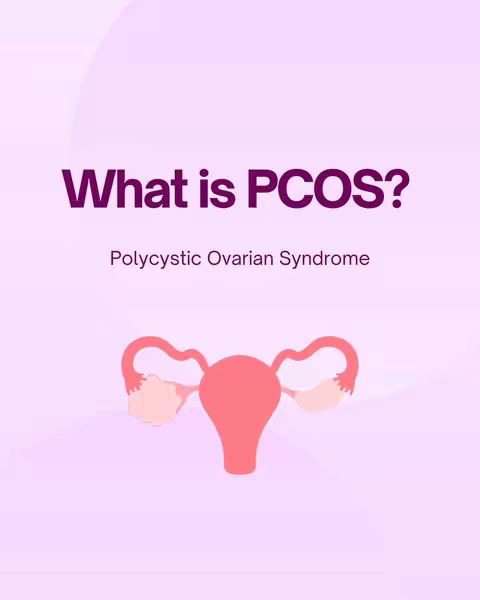 A graphic with a soft, pastel pink background. Centered is the title "What is PCOS?" in bold, dark purple text, followed by the subtitle "Polycystic Ovarian Syndrome" in a smaller font. Below this is a stylized graphic of a female reproductive system.