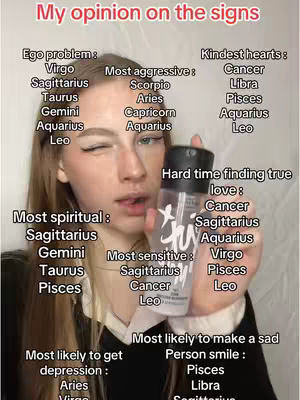 A young woman with long hair is holding a makeup product up to the camera, her facial expression suggests winking, with text overlayed on the image listing astrological signs and associated traits.