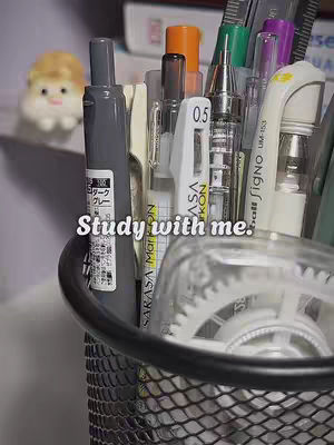 An organized close-up of study supplies within a black metal mesh container. The image is well-lit, the composition is busy, showcasing various pens, pencils, and highlighters, and other stationery items.