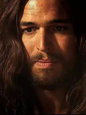 A close-up shot of a man's face with long, wavy hair. The lighting is dramatic, casting shadows on the right side of his face that emphasize his features and create a sense of depth. He has a beard, and his gaze is directed downwards, conveying a somber mood. The overall composition is warm-toned with a focus on facial details.