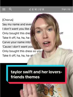 A woman with blonde hair is looking at the camera, with text overlayed on a lower section of the image. The background shows lyrics from a song. The text overlay is in a rectangular shape with the text within, featuring a teal outline and white text.