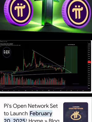 The cover image is a split-screen, combining elements related to cryptocurrency with text overlays. The top portion features two purple coins with a 'π' symbol, a stylized silver arrow, and a green gradient background, suggesting a financial or digital currency theme. Below, a chart depicting line graphs and data points fills the lower half of the image, indicative of financial data analysis. The colors are dark, primarily black and green, with pops of purple, creating a modern and techy aesthetic. Text at the bottom states, "Pi's Open Network Set to Launch February 20, 2025!"