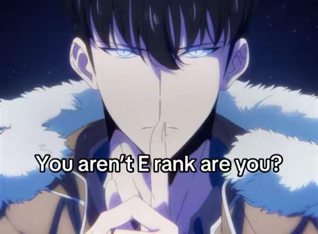 An anime-style image featuring a male figure with dark hair and glowing blue eyes, holding a finger to his lips as if shushing. There's a text overlay in white with black outline along the bottom.