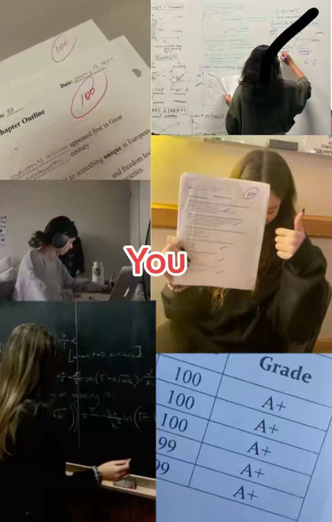 The image is a collage featuring various scenes related to studying and academic success. It includes a student working with a laptop and headphones, a person writing on a whiteboard, a person holding a paper with a grade of 100, and grade sheets with grades like 100 and A+. A superimposed text bubble reads "You". The overall composition suggests a study-related theme with aspirations for academic achievement.