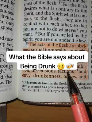 The cover image shows an open book with text highlighted in pink. The text in a white box states: "What the Bible says about Being Drunk" along with a smiley face and beer mugs.