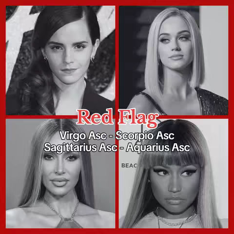 The cover image is a four-panel grid featuring black and white headshots of four different women, each in a square. In the center, overlaid in a bold, red font, is the phrase “Red Flag.” Below this text, the image includes text that lists zodiac pairings for the “Red Flag” concept.