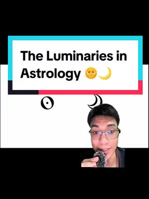 A vertical cover image featuring a person and text overlay. The top section has a turquoise background with the text 'The Luminaries in Astrology' in white. Below this, in a white background area, two symbols are present: a stylized sun and a crescent moon. The bottom portion shows a person with glasses, who is holding a mic and speaking, and the background is black on each side. The overall composition has a simple, informational layout.