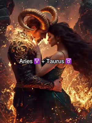 An artistic image depicting two figures embracing. One is a person with ram horns, and the other a woman. They are positioned close together, with their faces nearly touching. The background has a fiery, glowing effect.