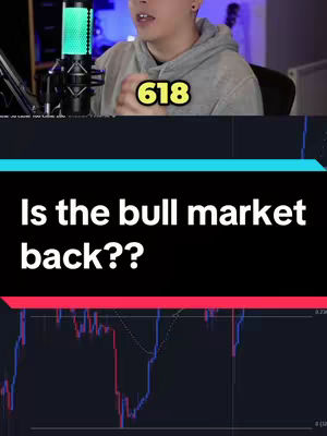 The cover image is divided into three sections. The top half shows a person in front of a dark background with a microphone and a number overlaid and a gray hoodie. In the middle, large white text on a black background asks: 'Is the bull market back??'. The bottom portion is a dark background with the lines representing a stock chart.