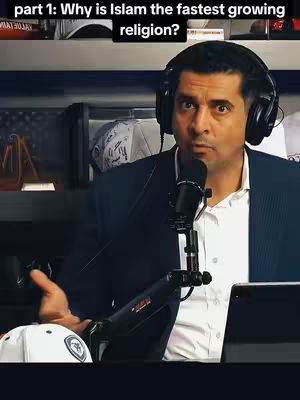 A man wearing headphones and a suit jacket is speaking into a microphone. Text overlay at the top says Part 1: Why is Islam the fastest growing religion?