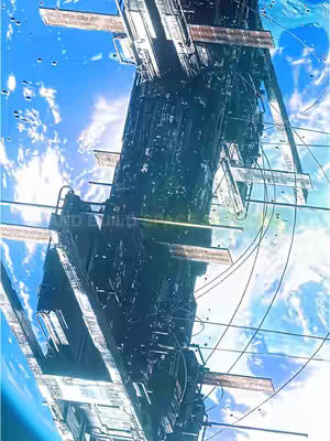 A futuristic, detailed illustration of a large, dark, structured spacecraft or station extending vertically across the frame, set against a backdrop of Earth and the surrounding space. The spacecraft appears to be composed of multiple interconnected modules or segments, with intricate detailing and surfaces suggesting a complex design. Earth is visible in the background with a blue atmosphere and white clouds, creating a contrast with the spacecraft. The sky is a vibrant blend of blues and hints of sunlight. The overall composition conveys themes of space exploration and technological advancement.