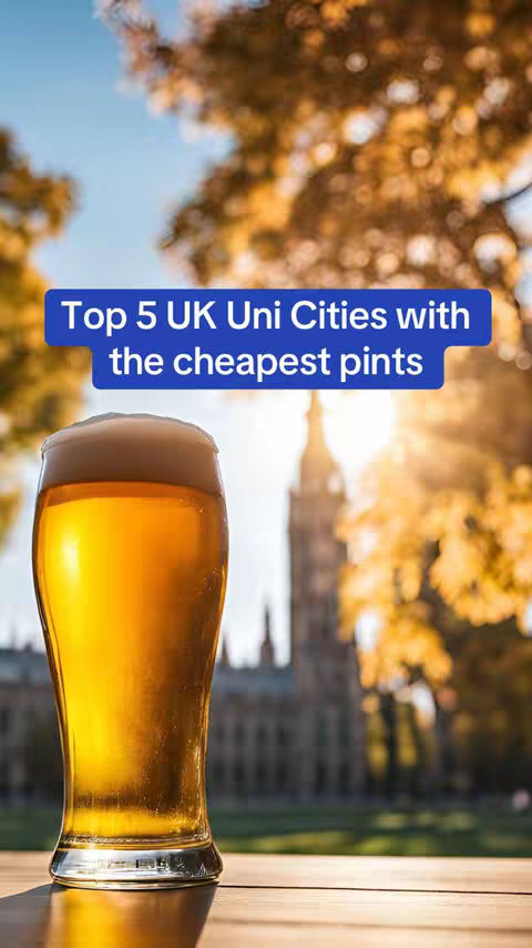 A tall glass of beer is centered in the foreground on a wooden surface, with a blurred background showing a building and trees with golden autumn leaves under a blue sky. A text overlay in a blue rectangle sits at the top.