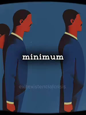 An illustration featuring three stylized figures in profile, the center one is the main focus with the other two behind it. The figures, rendered in shades of red/orange for the face and black hair, stand against a deep blue background. The central figure appears to be wearing a dark blue suit with a light-colored collar. The word 'minimum' is overlaid on the image with a white font, positioned centrally at the chest level of the figures, while the handle is present at the bottom.