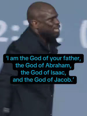 A cover image features a man in a black jacket delivering a message. Text overlayed states, 'I am the God of your father, the God of Abraham, the God of Isaac, and the God of Jacob.' A background with blurred shapes suggests a stage or event setting. The image has a dark and serious tone.