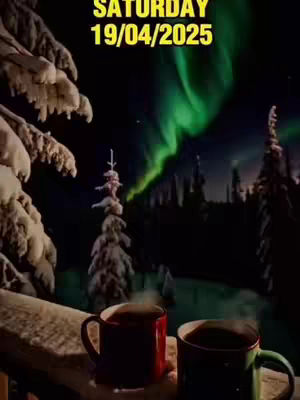 A serene, nighttime winter scene featuring two steaming mugs on a snowy ledge, with a backdrop of a snowy forest, a vibrant green aurora borealis, and the text "SATURDAY 19/04/2025" in yellow at the top.