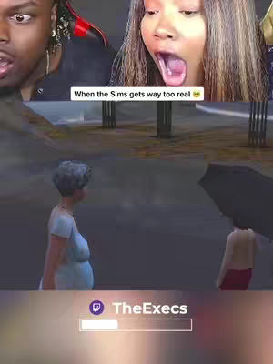The image is a split screen. In the upper left corner, a Black man is looking at the screen with a concerned expression. In the upper right corner, a woman with brown hair is seen with her mouth wide open and eyes widened. Below this are two frames from the Sims 4 game: a woman with short, gray hair standing and looking towards a younger character holding a black umbrella. The setting appears to be outdoor under cloudy skies.