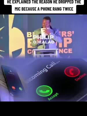 A man in a blue suit stands at a podium holding papers, while a phone screen displaying an 'incoming call' with 'Accept' and 'Decline' buttons is overlaid in the foreground. Text at the top explains the reason for dropping the mic.