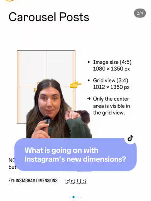 The cover image is a screenshot with text overlay on a young woman. The screenshot contains text and diagrams regarding Instagram dimensions. The woman is holding a microphone.