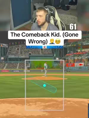 The cover image is a split view. The top half shows a man wearing headphones, with a gaming setup in the background. The bottom half displays a baseball game interface with a player on the mound.