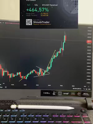 A laptop displaying a cryptocurrency trading chart with green and red candlesticks, indicating market trends. Overlayed is a text box showing a significant profit percentage and branding. The laptop is resting on a dark keyboard, with a white stylus visible.