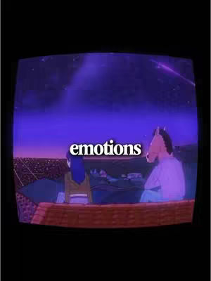 An image in a TV-like frame showing two cartoon characters on a couch looking out at a night sky with a city skyline. The sky has a galaxy and the word "emotions" is overlaid in the middle.