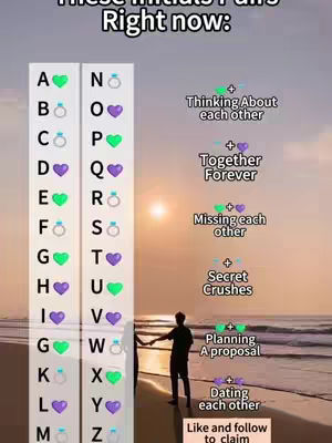 The image shows a beach sunset scene with text overlayed and a list of initials and symbols along the left side and relationship statuses to the right. The bottom right has text asking viewers to like and follow.