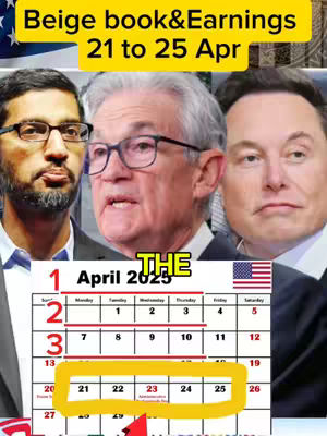 The cover image is a composite featuring three headshots, overlaid with text and a calendar. From left to right, the headshots are of Sundar Pichai, Jerome Powell, and Elon Musk, all looking towards the center. The text indicates the topic is about earnings and events from April 21 to 25. A portion of a calendar highlights the same dates with a yellow rectangle and a red arrow pointing at the date. The background appears to be a combination of graphics and text, possibly related to the stock market or finance.