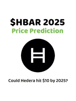 The cover image features a white background with a central black circle containing a white, stylized 'H' symbol, the logo for Hedera Hashgraph. Above the circle, in bold black text, is '$HBAR 2025', with 'Price Prediction' below it in green. At the bottom in a smaller font, it poses the question, 'Could Hedera hit $10 by 2025?'.