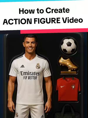 The image shows a product display resembling an action figure set, featuring Cristiano Ronaldo. The layout is vertically oriented and uses dark shades as a backdrop. A smiling Ronaldo is centrally placed, wearing a white jersey and shorts. To the right, there is a soccer ball, a gold shoe trophy, and a red jersey.