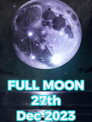 The cover image features a depiction of the full moon, its surface marked with craters. Beneath, the text declares "FULL MOON", followed by "27th Dec 2023". A dark, reflective surface and a star-filled sky serve as the background.