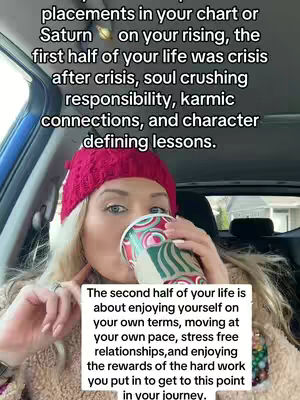 A woman is sitting in a car, holding a cup to her mouth. Two overlaid text sections provide astrological insights.