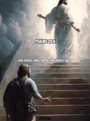 The image depicts a scene of religious significance, with Jesus Christ standing atop a flight of stairs, arms outstretched. Below, a person, presumably a follower, looks up towards him. Text overlays include a scripture reference and a related quote.