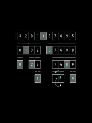 A black background with a visual representation of the Quicksort algorithm. Multiple rows of boxes are displayed, each box containing numbers in various arrangements, illustrating the sorting process in steps. The top row displays the initial unsorted numbers, with subsequent rows showing the numbers in different stages, with some numbers enclosed in boxes. The general layout is designed to demonstrate the Quicksort algorithm visually.