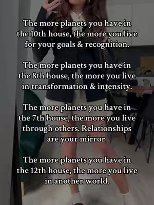 A vertical shot featuring a woman holding a phone, presumably taking a selfie. Text overlays the image, providing astrological insights about the influence of planets in different houses. The woman is seen from the torso down, dressed in a white shirt, black blazer, and light-colored pants or skirt.